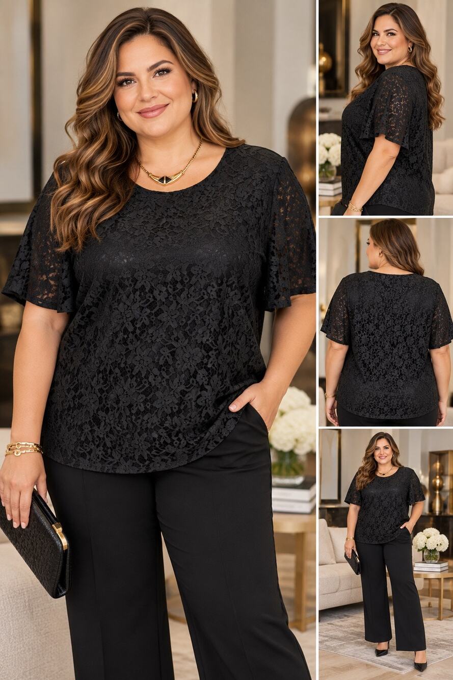 Worthington 18W Black Floral Lace Blouse Polyester Plus Size Made in USA